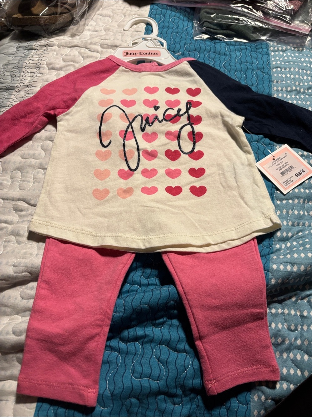 Juicy Couture Cream Top with Pink & Navy Sleeves Heart outfit